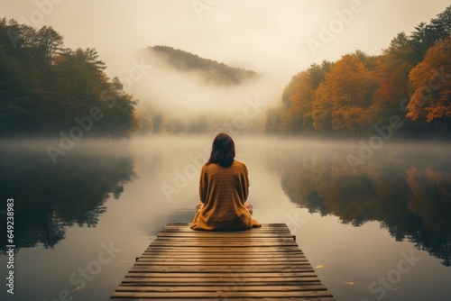 lonely girl sit on jetty by foggy mystic lake in autumn © krissikunterbunt