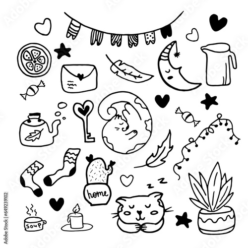 Big cozy home clipart set. Cute cozy home doodle clipart with sleeping cats and cozy things. Hand drawn icons