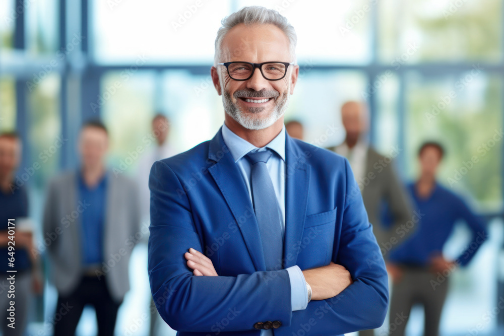 Fototapeta premium Happy middle aged business man ceo standing in office arms crossed. AI Generative