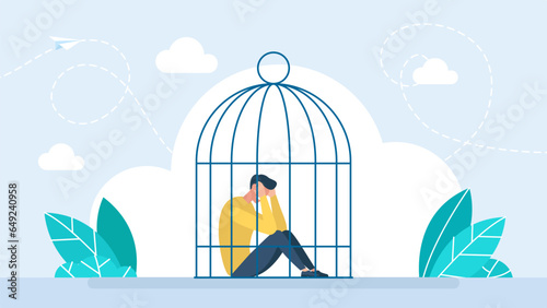The tiny businessman is sitting in a birdcage. Lockdown. Sad man locked in a cage. A businessman needs psychological help. Man in depression and despair, domestic violence. Vector illustration.