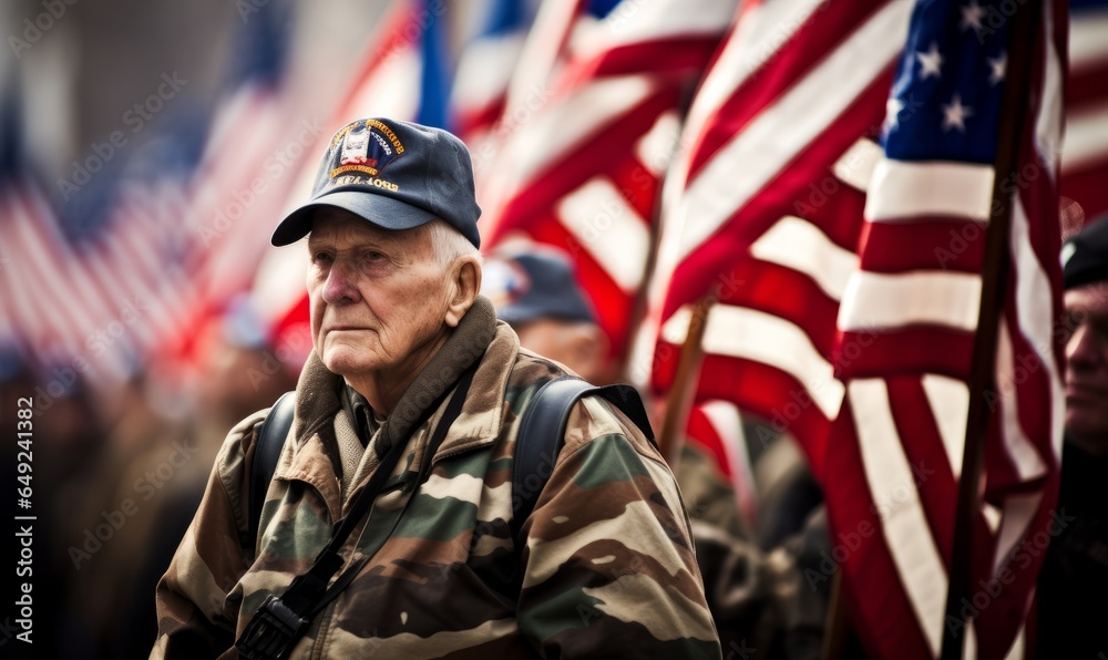 Soldier with american flag, Veterans Day - obrazy, fototapety, plakaty 