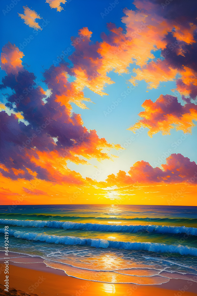 Picture of a sea sunset. Sunset on a tropical beach. Beautiful seascape at sunset in oil painting. generative AI