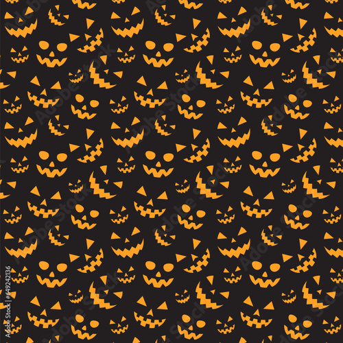 Seamless Halloween Pattern with Spooky Orange Pumpkins Carved Faces on Black Background