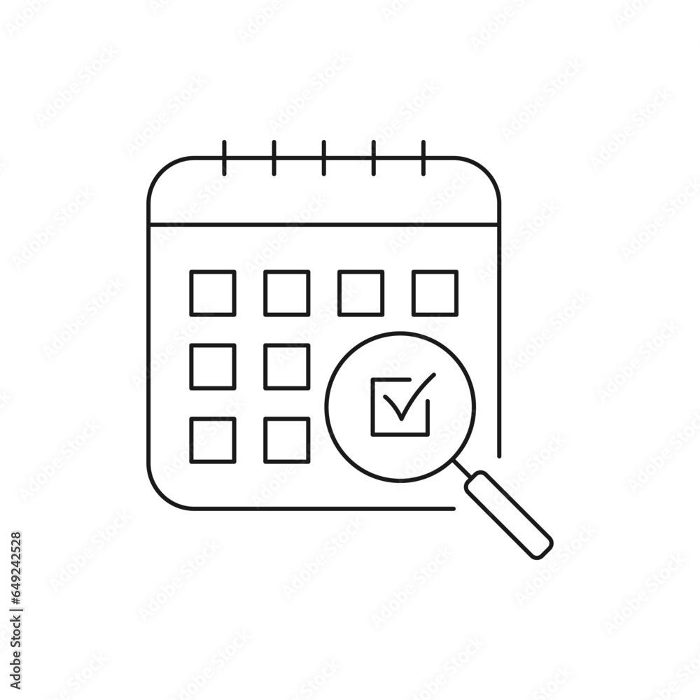 Find schedule. Magnifier glass and calendar icon line style isolated on white background. Vector illustration Find schedule. Magnifier glass and calendar icon line style isolated on white background. Vector illustration