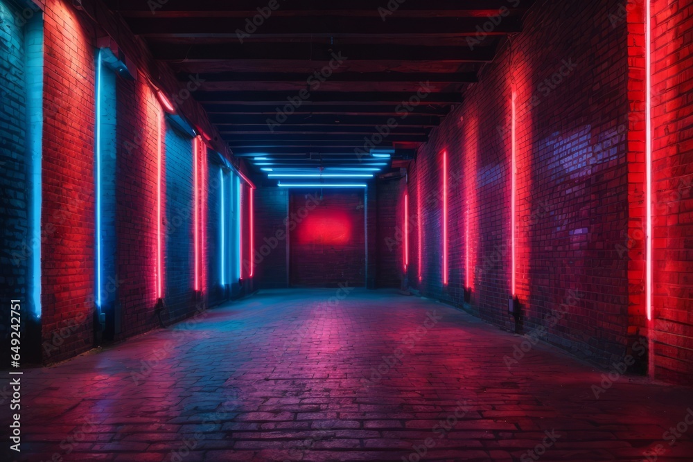 Neon light on brick walls that are not plastered background and texture. Lighting effect red and blue neon background Neon light on brick walls that are not plastered background and texture. Lighting effect red and blue neon background