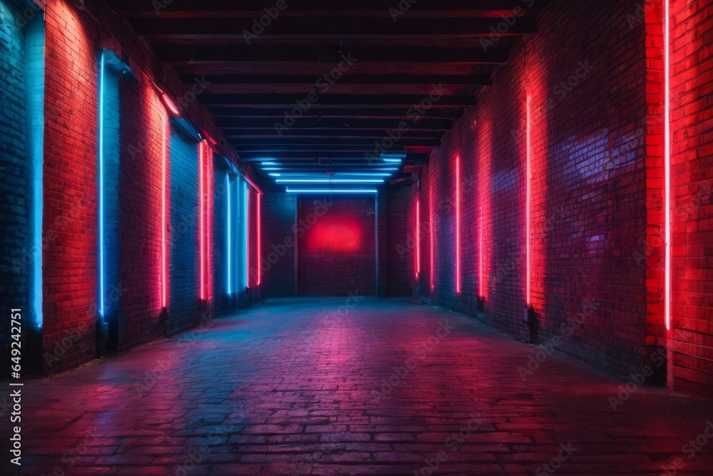 Neon light on brick walls that are not plastered background and texture. Lighting effect red and blue neon background