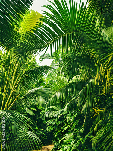 beautiful green jungle. lush palm leaves of a palm tree in an exotic tropical forest. wild tropical jungle. generative AI