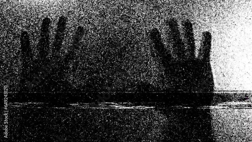 Silhouette of a mad male person or ghost and static tv black and white noise, scary movie tv screen noise