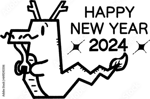 2024 年賀状 テンプレート ハッピーニューイヤー 年賀状 辰年 龍年 新年 たつ 餅 モノクロ