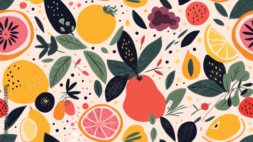 Abstract cute fruits and flowers pattern. Collage playful contemporary print