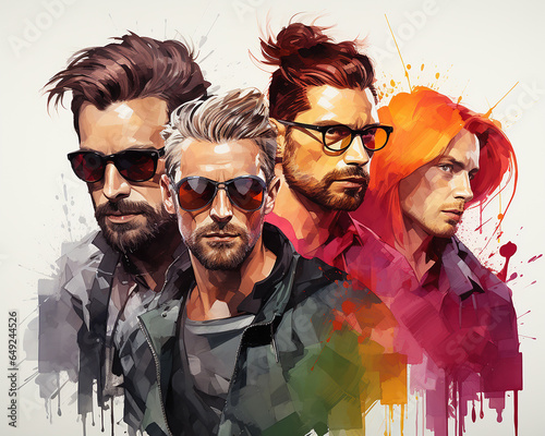 Watercolor illustration modern fashionable youth men's hairstyles