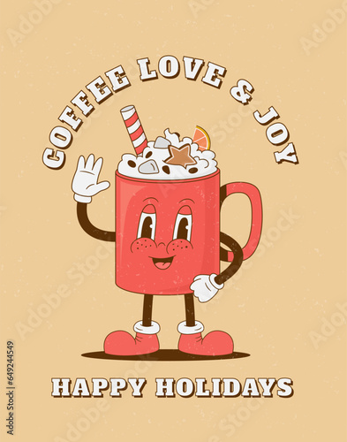 Christmas retro cartoon coffee cup character poster. Vintage latte mug mascot vector illustration. Card, banner, print for caffee, restarant, bar