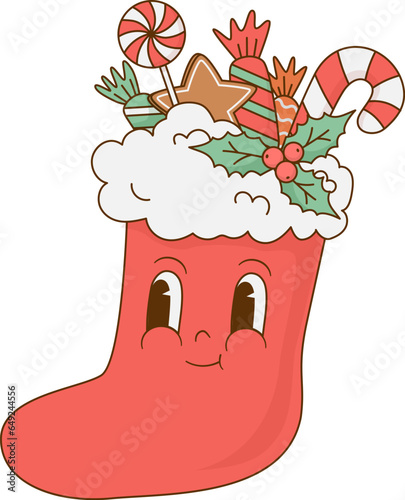 Retro cartoon Christmas stocking with sweets character. Vintage gift mascot vector illustration. Season decoration