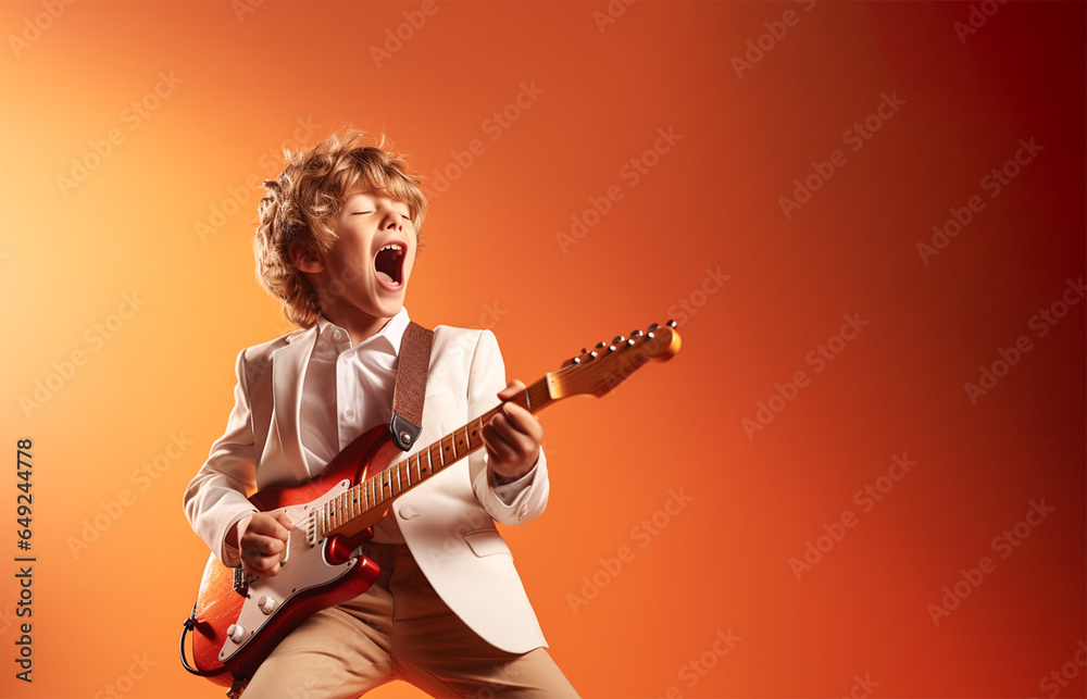 Boy singing while playing the electric guitar. On orange background. Copy space. - obrazy, fototapety, plakaty 