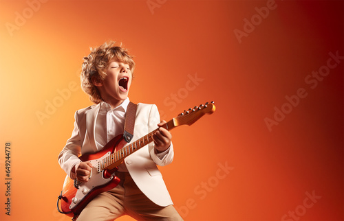 Boy singing while playing the electric guitar. On orange background. Copy space.