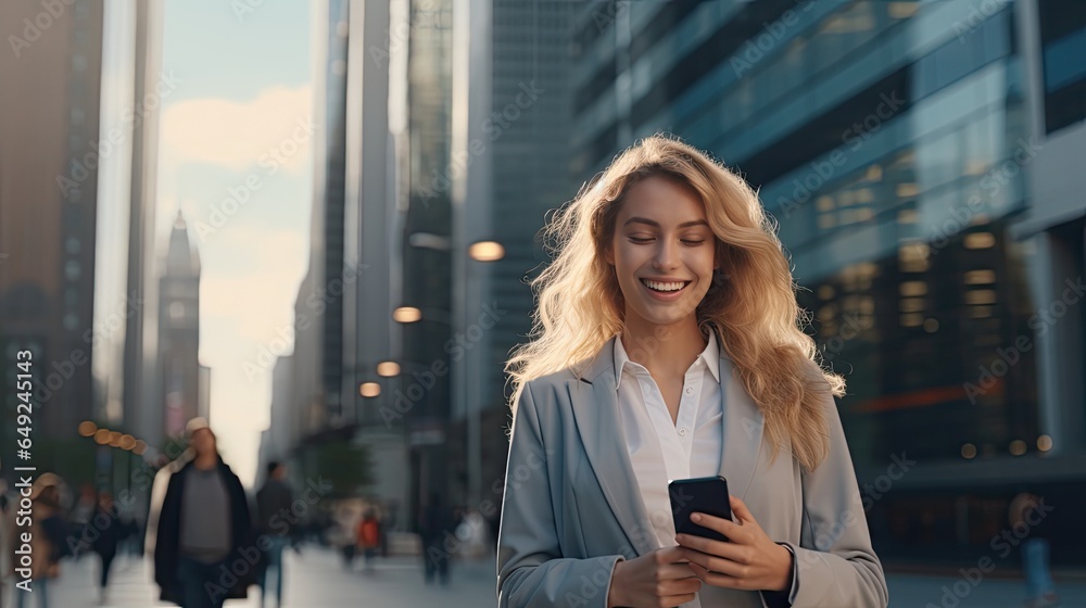 Fototapeta premium A woman smiling happily playing with a smart phone on a city public street. Suitable for magazine cover designs, website banners or social media posts about contemporary and dynamic urban lifestyles.