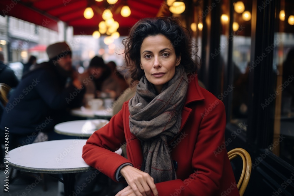 Portrait of a beautiful woman in a red coat and scarf in Paris, France.