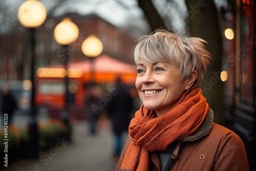 Portrait of a smiling middle-aged woman on a city street