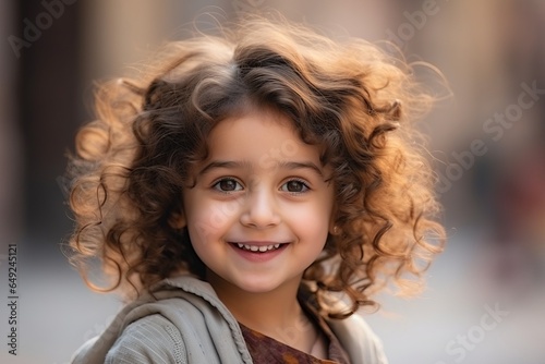 Closeup portrait of cute little girl with curly hair in the city