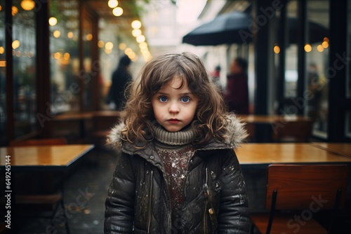 Little girl with curly hair in a leather jacket in a cafe. © Learoy