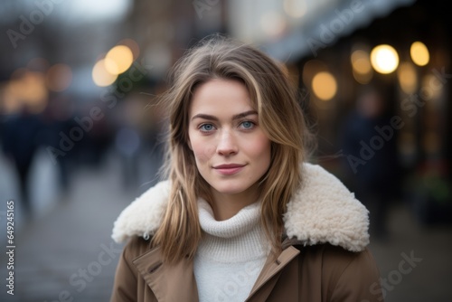 Portrait of a beautiful young woman in winter coat on the street