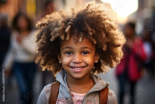 Portrait of a cute little girl with afro hairstyle in the city