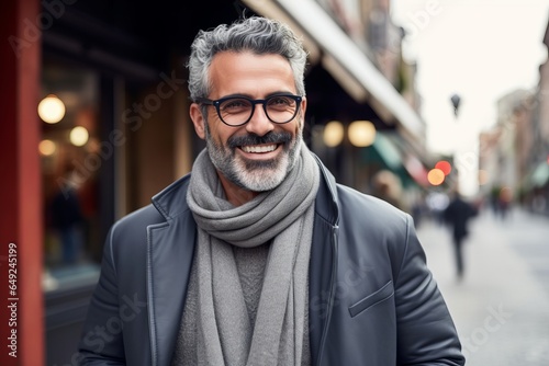 Portrait of a handsome middle-aged man with a gray beard wearing glasses and a gray coat on a city street.