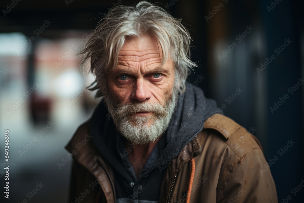 Portrait of an elderly man with gray hair and beard in the street.