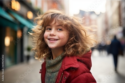 Outdoor portrait of cute little girl with curly hair in the city