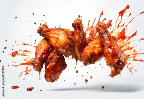 Splashes of chicken wings flying through the air with spicy sauce. Perfect for food designs, such as restaurant menus, flyers or social media posts, to add a fun and appetizing touch.
