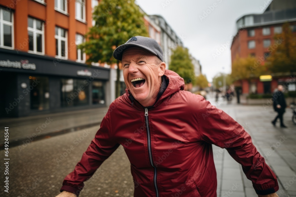 A senior man in a red jacket and baseball cap is screaming on the street.