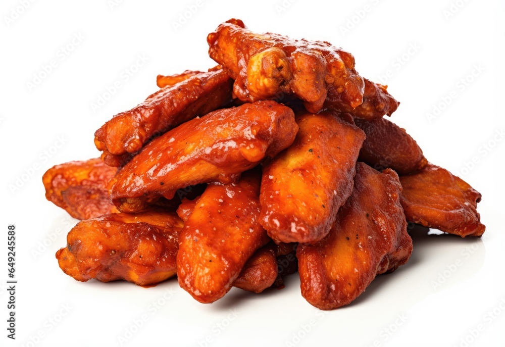 Stack of chicken wings with hot sauce on white background. Suitable for food-related designs, menus, recipe cards, and advertisements. Stack of chicken wings with hot sauce on white background. Suitable for food-related designs, menus, recipe cards, and advertisements.