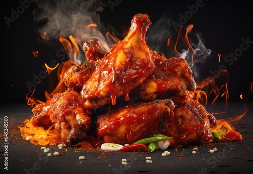 Chicken wings covered in burning and smoky spicy sauce on a black background. Perfect for adding fiery and appetizing elements to restaurant menus, food blogs, or barbecue-themed designs.