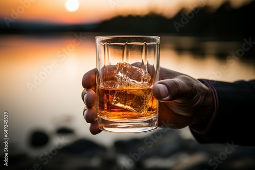 A close up of a male hand elegantly gripping a glass of whiskey