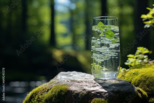 A glass of natural mineral water against a forest backdrop, ideal for summer spa