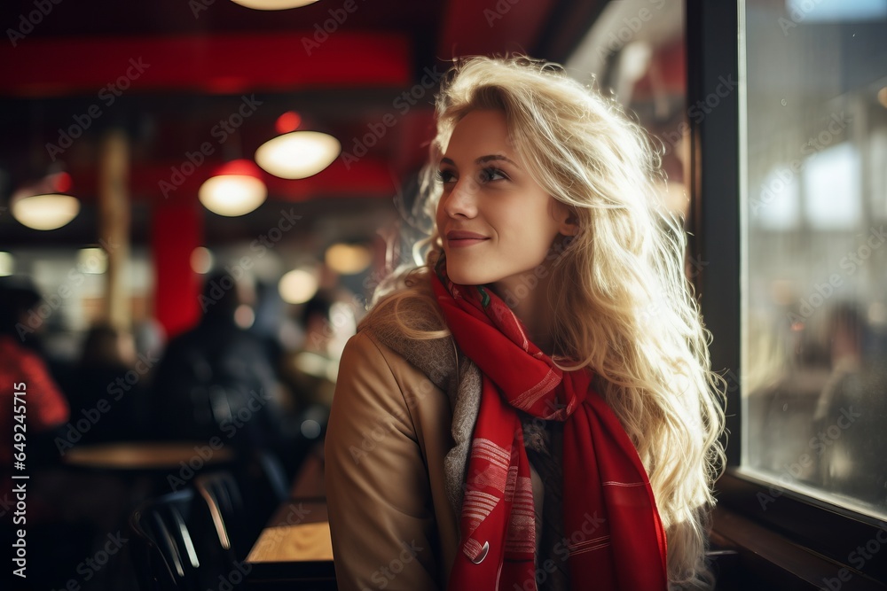Portrait of a beautiful young woman sitting in a cafe, wearing a red scarf. Portrait of a beautiful young woman sitting in a cafe, wearing a red scarf.