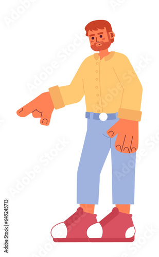 Bearded caucasian man pointing finger 2D cartoon character. European adult male showing hand isolated vector person white background. Beard guy gesturing, directing color flat spot illustration