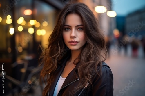 Portrait of beautiful young brunette woman in the city at night