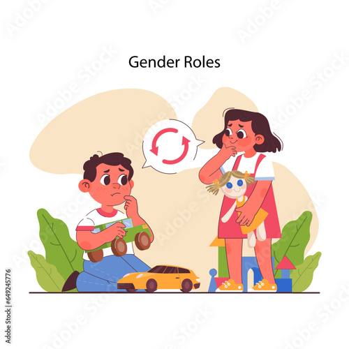 Socialization. Society gender roles influence. Children playing