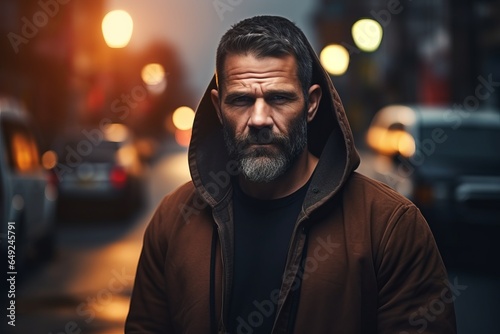 Portrait of a bearded man wearing a hoodie on a city street. © Learoy
