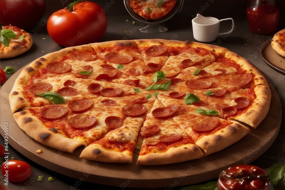Pizza delicious with pepperoni and saussage, Cheezy pizza Italian style baked perfectly with olive