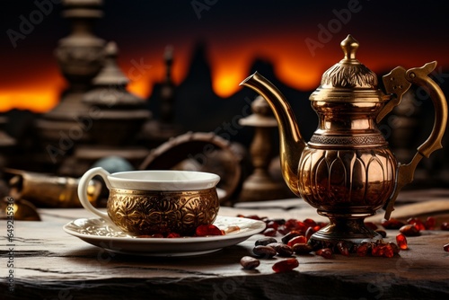 Amidst the desert sands, an Arab teapot, cup, and dates stand
