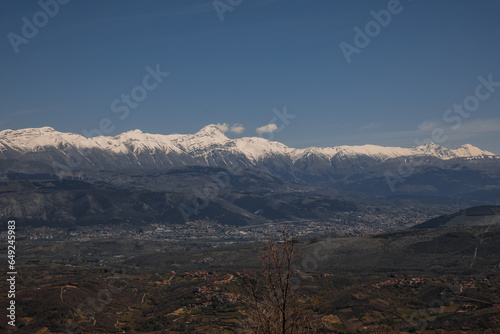 Spring view of the L'Aquila valley in the Abruzzi region. View of the Apennines and
