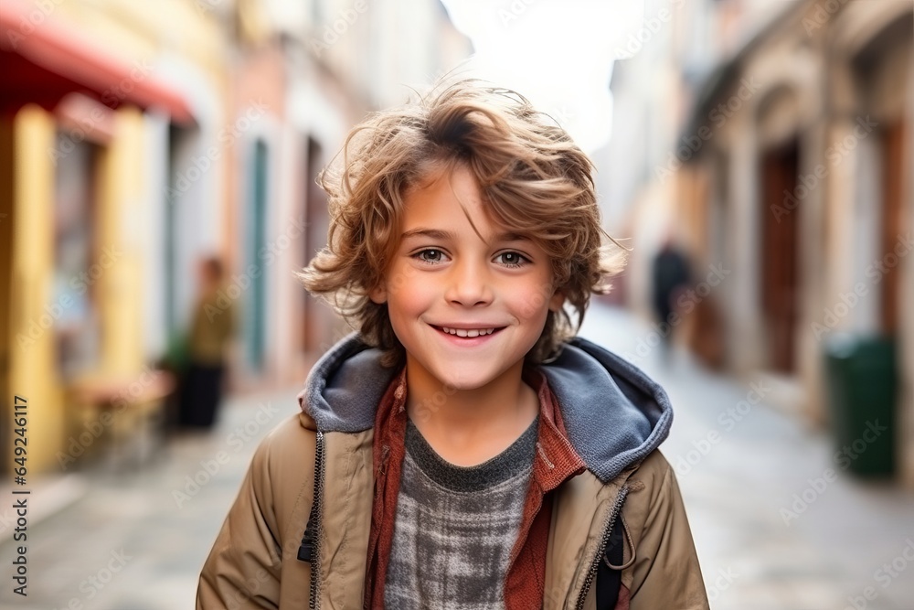 Portrait of a cute little boy in the old town, outdoor shot
