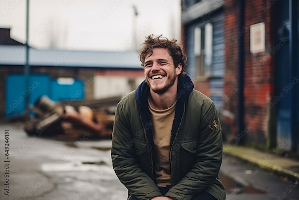 Portrait of a handsome young man laughing in an urban environment. Portrait of a handsome young man laughing in an urban environment.