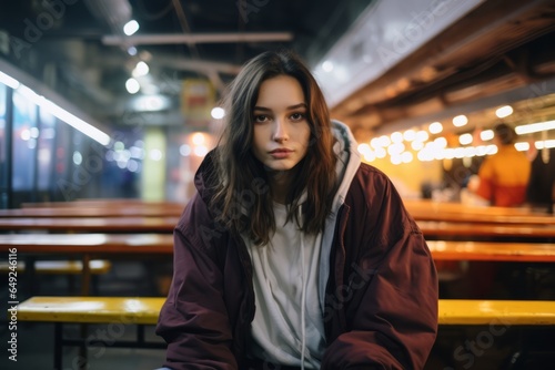 Young beautiful girl with dark hair in a brown jacket in a cafe in the evening