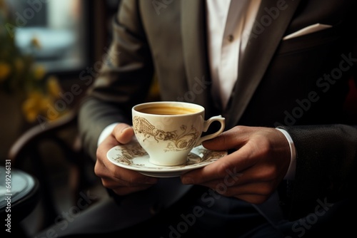 Elegant male hands close up A businessman enjoys his morning coffee with poise