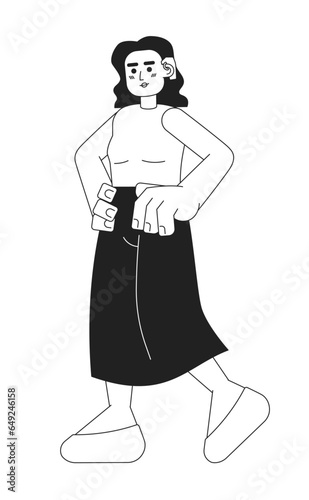 Latina woman with disability hearing aid black and white 2D cartoon character. Deaf young adult female isolated vector outline person. Beautiful lady with ear cuff monochromatic flat spot illustration