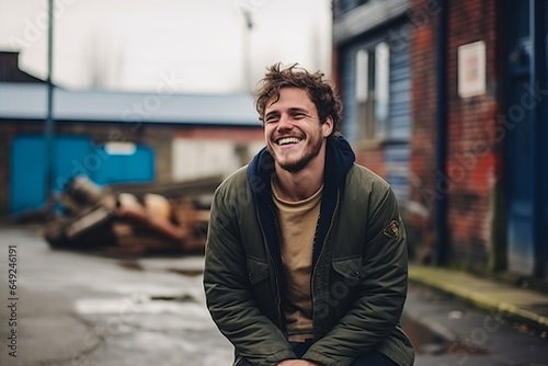 Portrait of a handsome young man laughing in an urban environment.