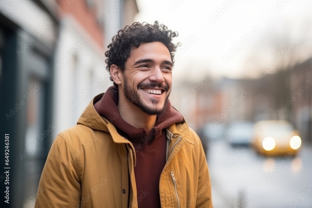 Obraz premium Portrait of a handsome young man with curly hair smiling outdoors.